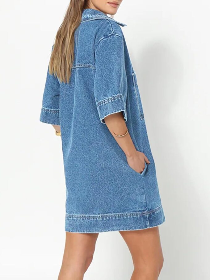 Fisoew Womens Denim Shirt Dress Summer Collared V Neck Mini Casual Jean Dresses with Pockets – Bild 3