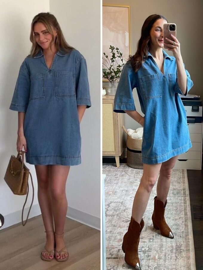Fisoew Womens Denim Shirt Dress Summer Collared V Neck Mini Casual Jean Dresses with Pockets – Bild 5
