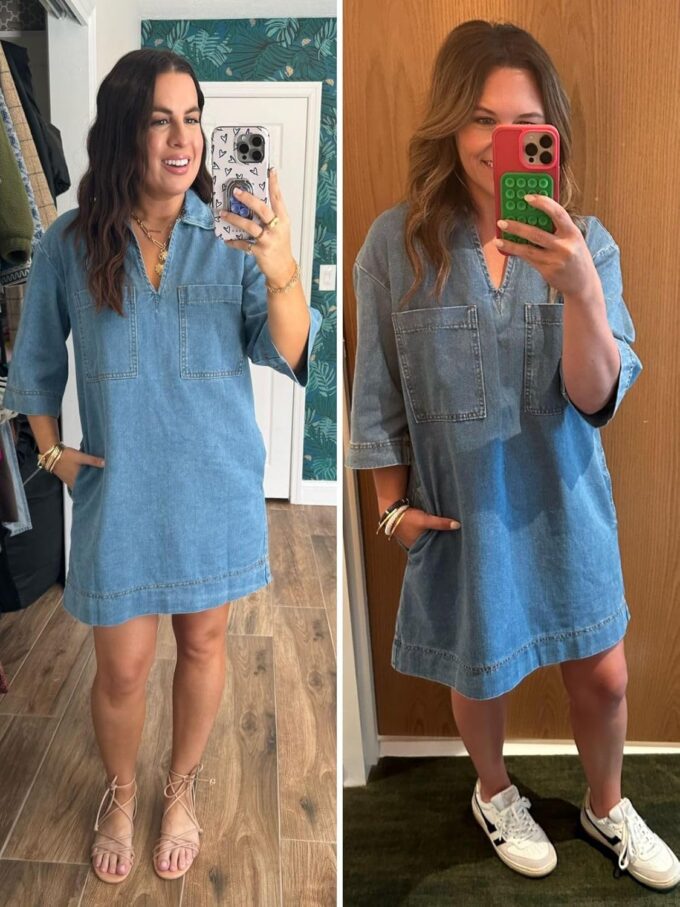 Fisoew Womens Denim Shirt Dress Summer Collared V Neck Mini Casual Jean Dresses with Pockets – Bild 4