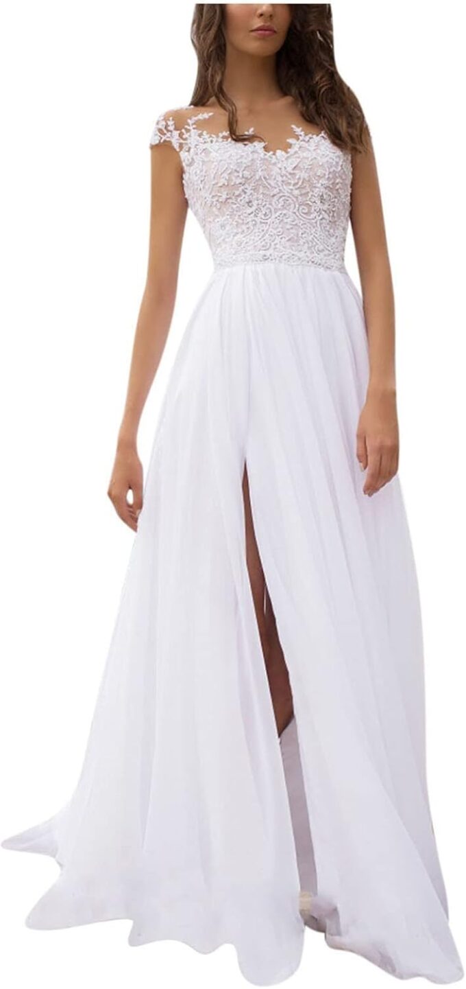Damen Spitze Chiffon Hochzeitskleid Brautkleider Appliques Standesamt Brautmode Brautkleider Seitenschlitz A-Linie Lang Kleid Elegant Rückenfrei Kleider Brautkleid seitlichem Kleid Spitzenkleid