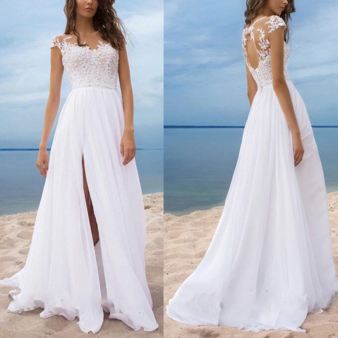Damen Spitze Chiffon Hochzeitskleid Brautkleider Appliques Standesamt Brautmode Brautkleider Seitenschlitz A-Linie Lang Kleid Elegant Rückenfrei Kleider Brautkleid seitlichem Kleid Spitzenkleid – Bild 2