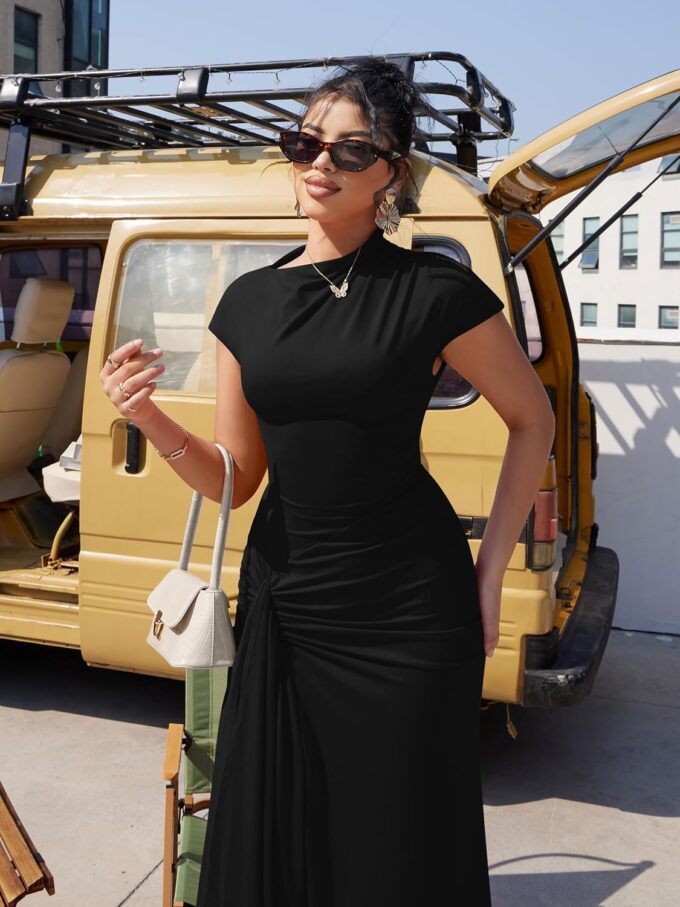 YMDUCH Women's Casual Short Sleeve Boat Neck Ruched High Split Bodycon Long Party Dress – Bild 3