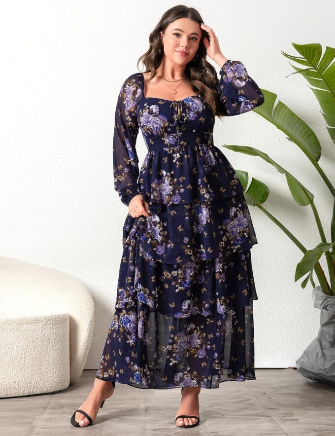Womens Plus Size Floral Tiered Ruffle Long Sleeve Evening Party Wedding Guest Dress – Bild 7