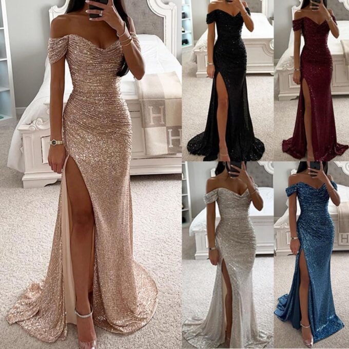 shownicer Damen Pailletten Abendkleid Sexy Schulterfrei Hohe Taille Seitenschlitz Lang Kleid Maxikleid Elegant V-Ausschnitt Cocktailkleid Ballkleider – Bild 2