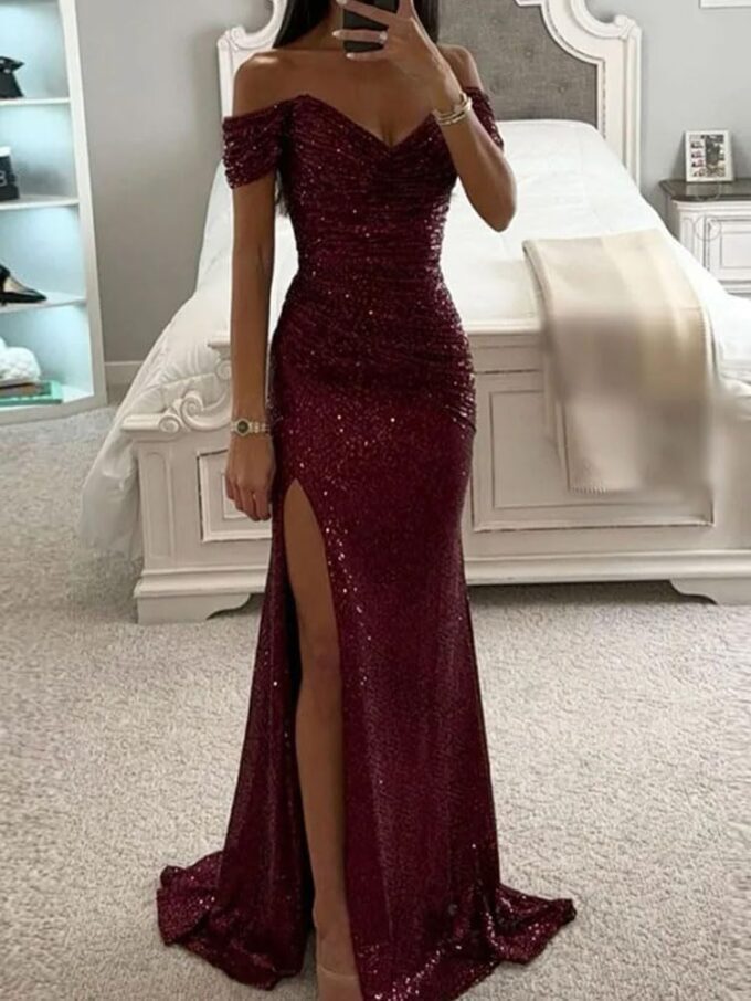 shownicer Damen Pailletten Abendkleid Sexy Schulterfrei Hohe Taille Seitenschlitz Lang Kleid Maxikleid Elegant V-Ausschnitt Cocktailkleid Ballkleider – Bild 4