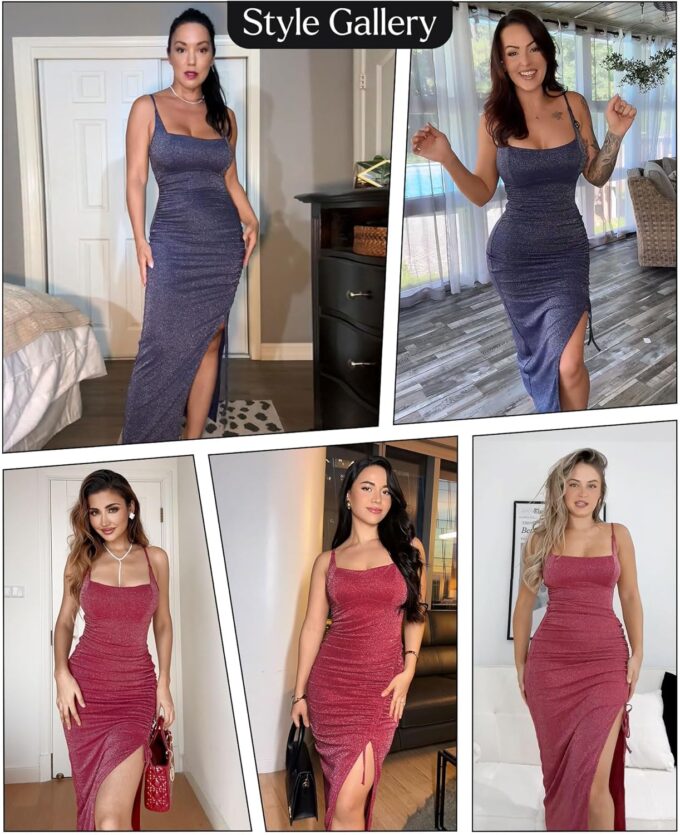 Popilush Sparkly Cocktail Dresses for Women Tummy Control Formal Shapewear Dress Square Neck Ruched Midi Dress Side Slit – Bild 2