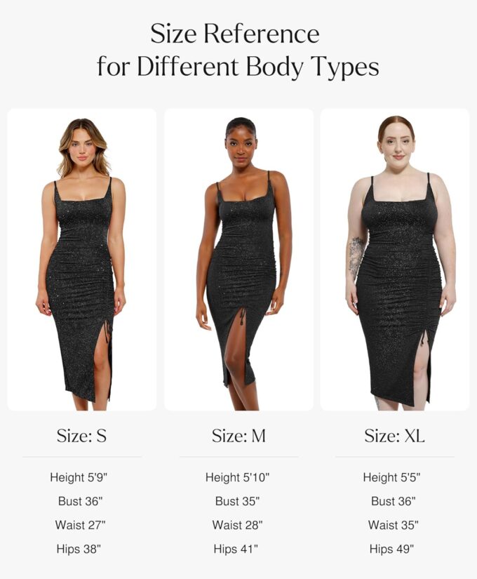 Popilush Sparkly Cocktail Dresses for Women Tummy Control Formal Shapewear Dress Square Neck Ruched Midi Dress Side Slit – Bild 6