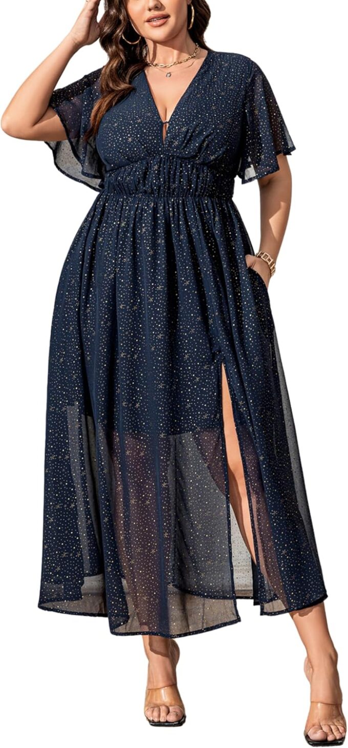 Cocktail Dresses for Women 2025 Elegant Classy Gold Star Print Summer Wedding Guest Dress Maxi with Pockets