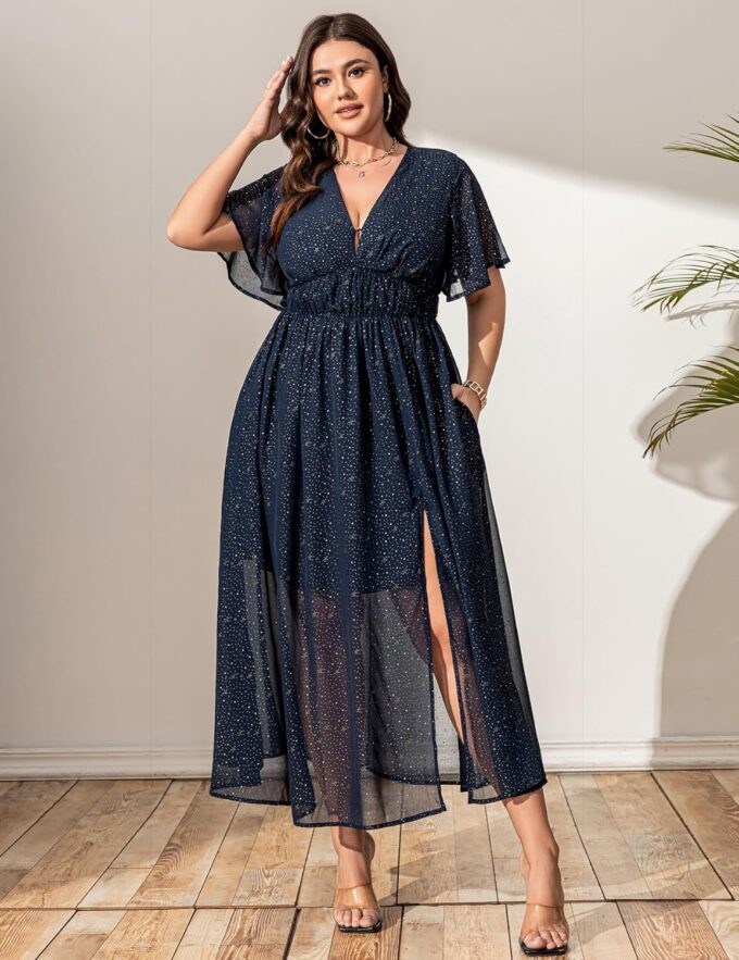 Cocktail Dresses for Women 2025 Elegant Classy Gold Star Print Summer Wedding Guest Dress Maxi with Pockets – Bild 2