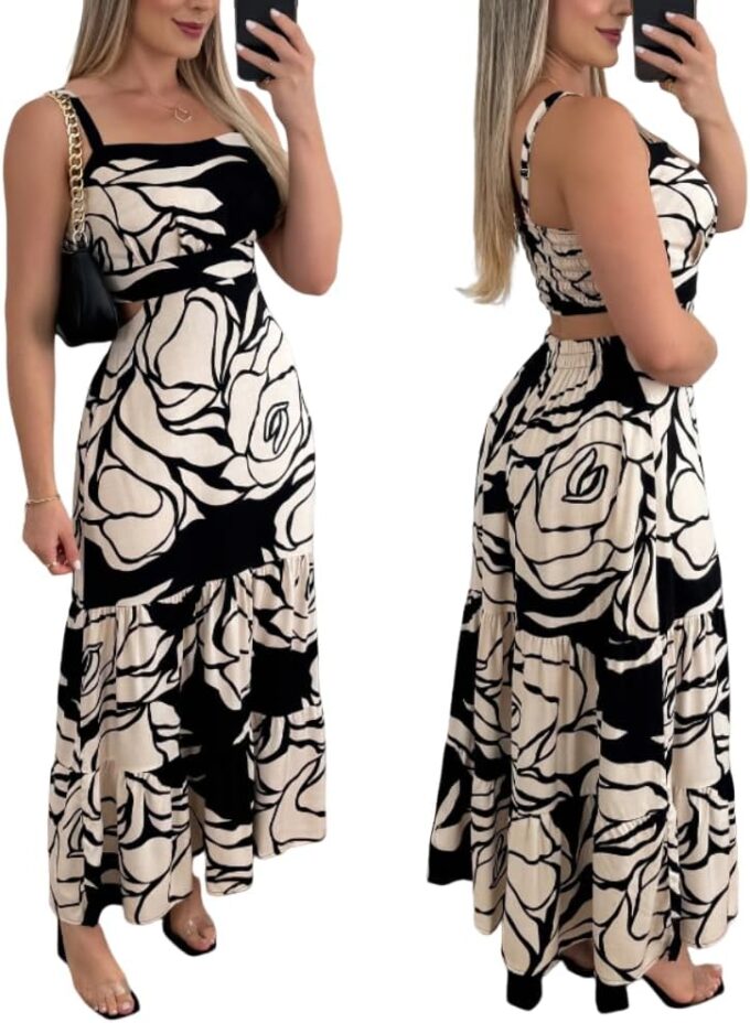 CHICME Summer Dresses for Women 2025 Sleeveless Casual Boho Maxi Dress Square Neck Cut Out Floral A Line Dress