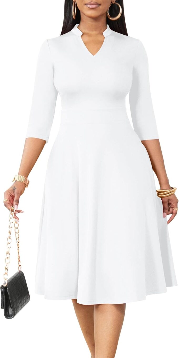 AOMONI Kirchenkleider für Damen, 3/4-Ärmel, Passform und ausgestellt, Kirchenkleid, knielang, Midi-Kleider