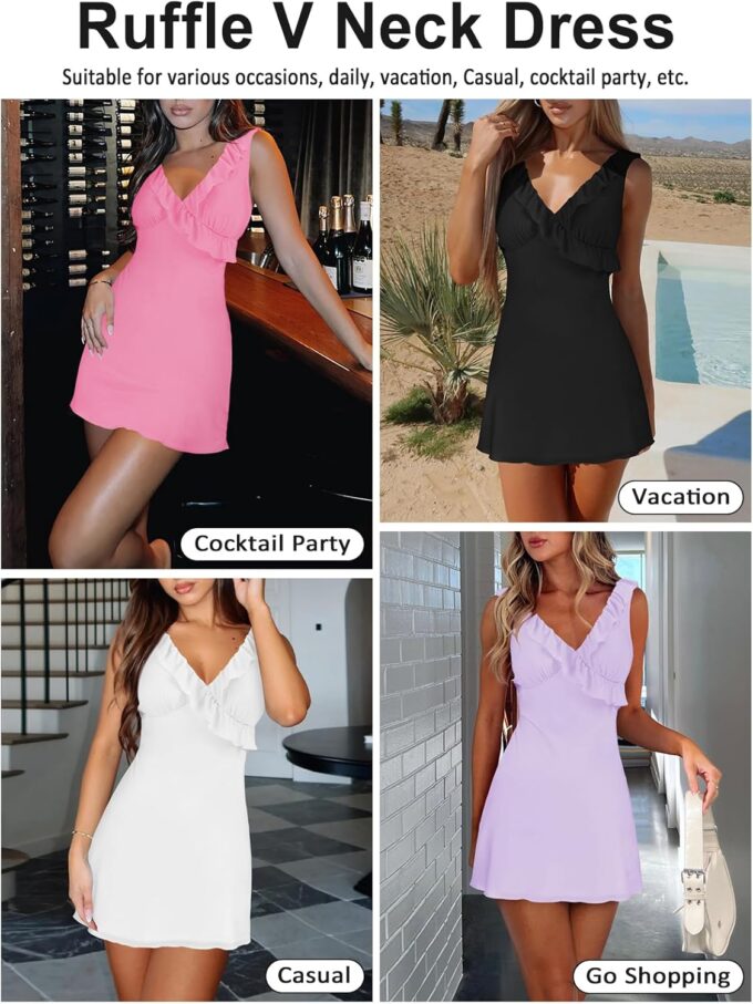 Women's Sexy V Neck Sleeveless Backless Ruffles Dress for Women Elegant Mesh Party Fitted Cocktail Mini Dresses – Bild 5