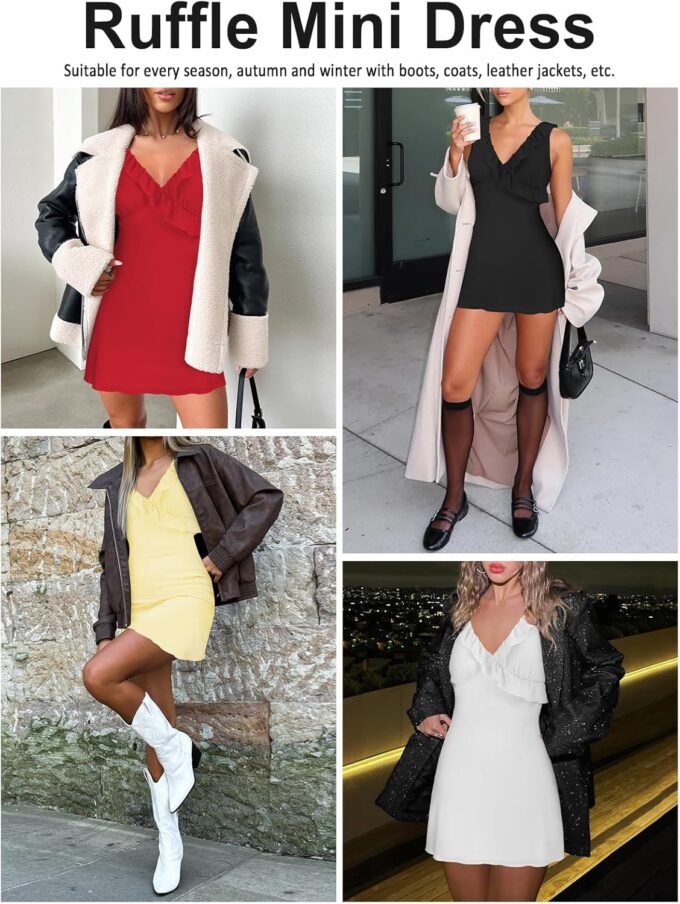 Women's Sexy V Neck Sleeveless Backless Ruffles Dress for Women Elegant Mesh Party Fitted Cocktail Mini Dresses – Bild 6