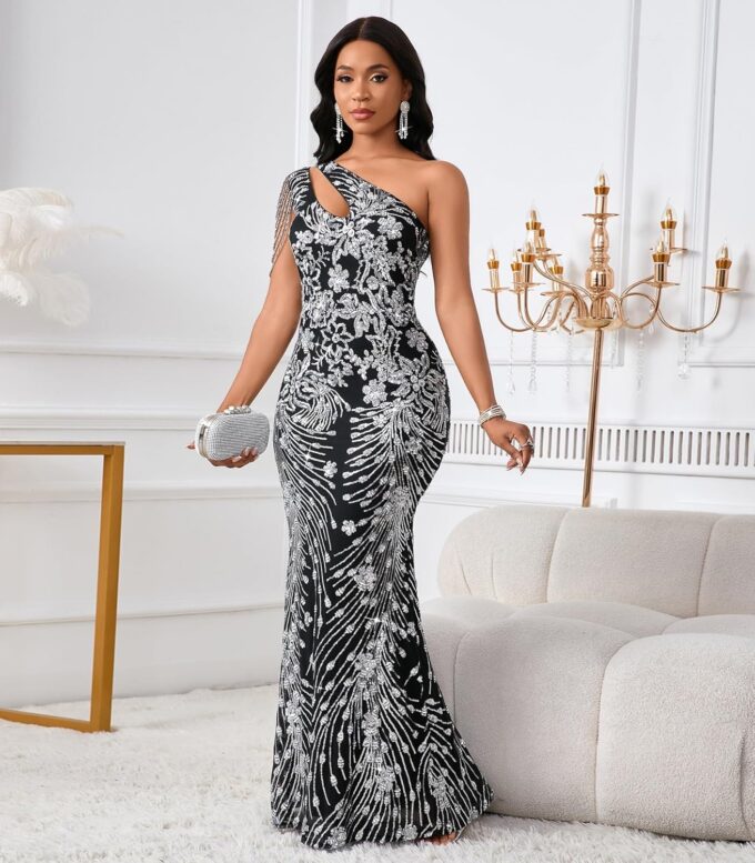 Cololura Women Sequin Elegant Sexy One Shoulder Tassel Mermaid Bodycon Cocktail Evening Dress – Bild 4
