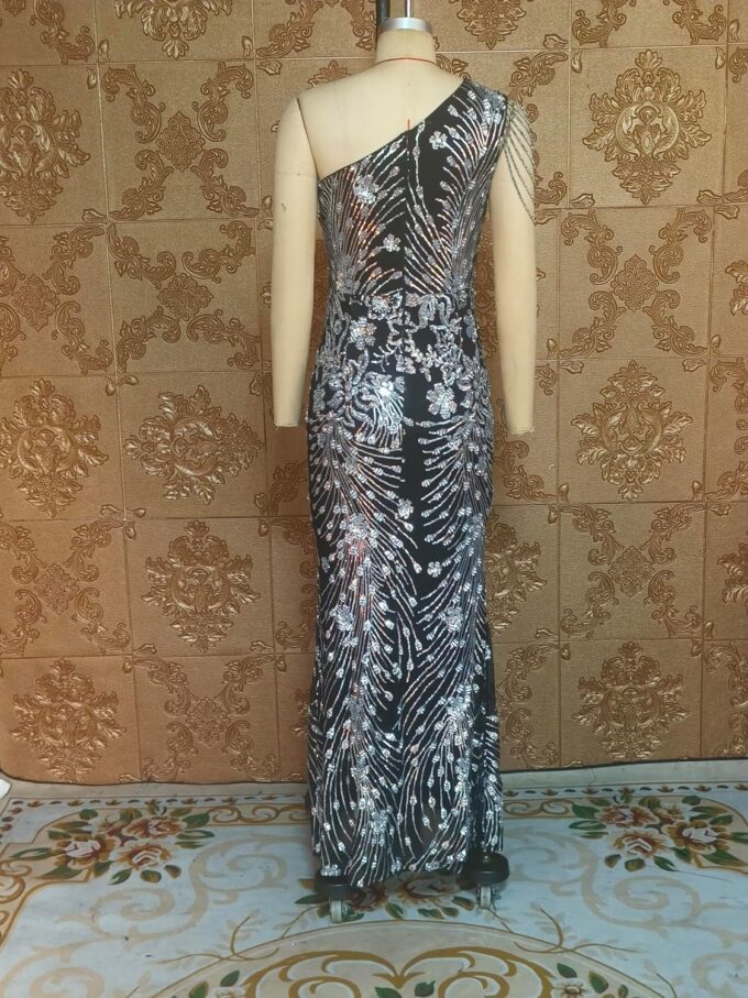Cololura Women Sequin Elegant Sexy One Shoulder Tassel Mermaid Bodycon Cocktail Evening Dress – Bild 8