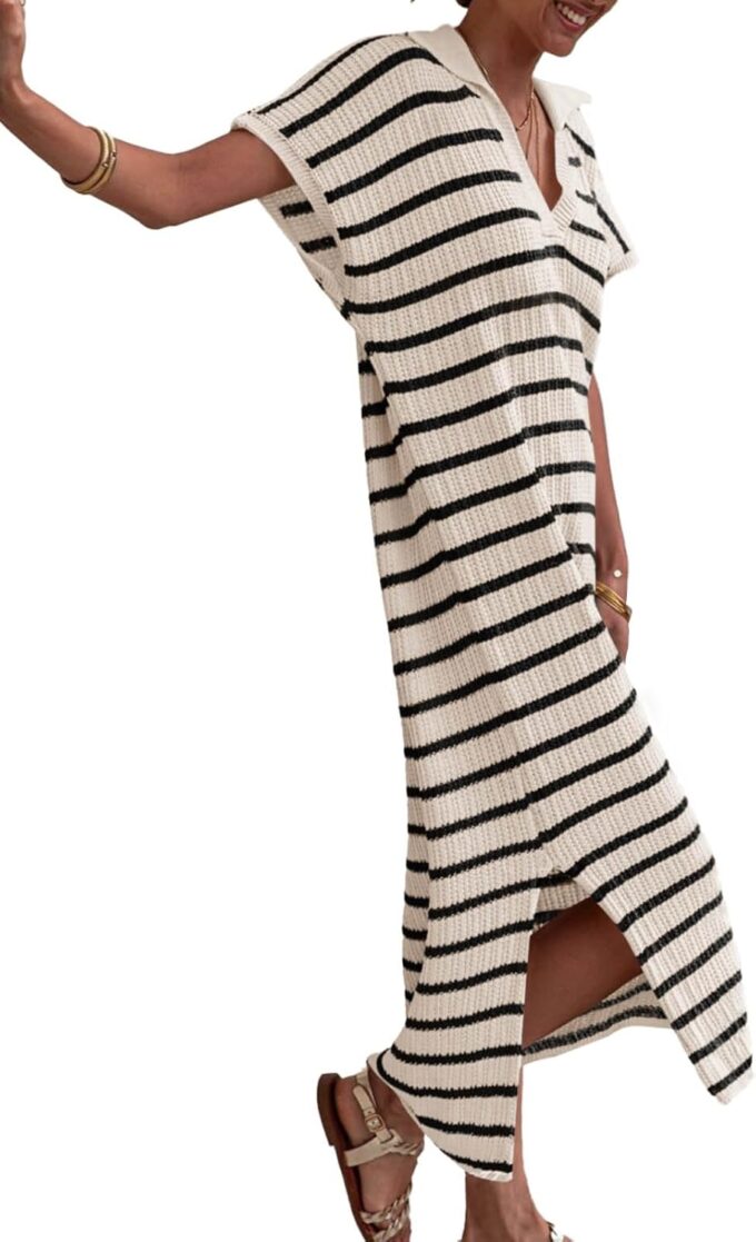 Saodimallsu Womens Striped Summer Dresses Short Sleeve V Neck Knit Collared Sexy Slit Loose Maxi Sweater Dress – Bild 2