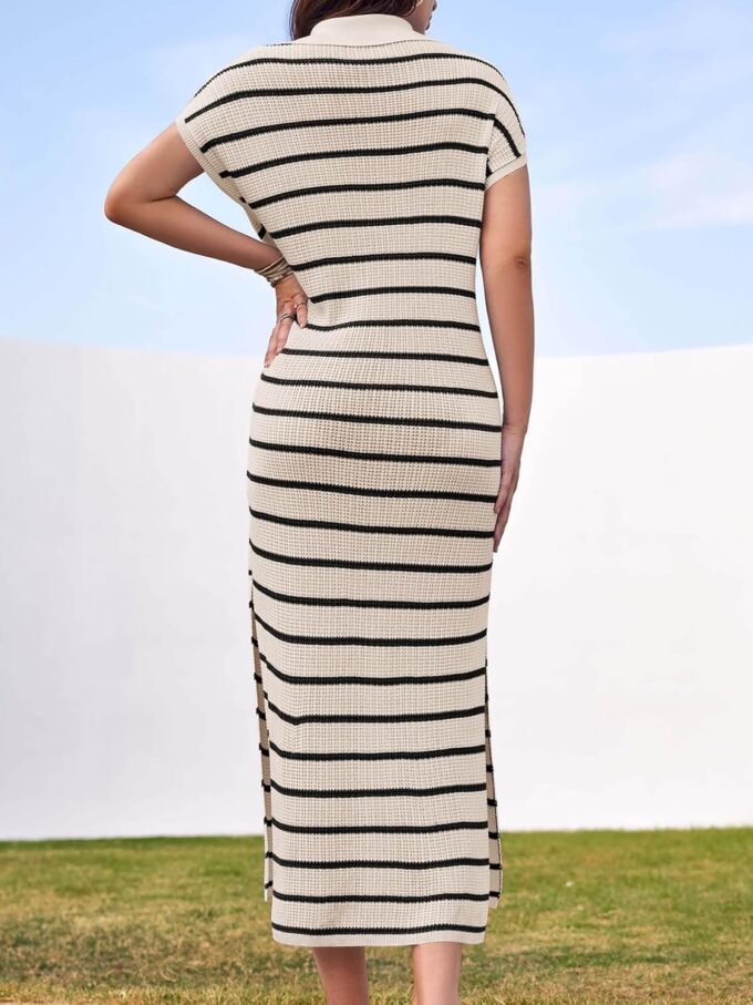 Saodimallsu Womens Striped Summer Dresses Short Sleeve V Neck Knit Collared Sexy Slit Loose Maxi Sweater Dress – Bild 4