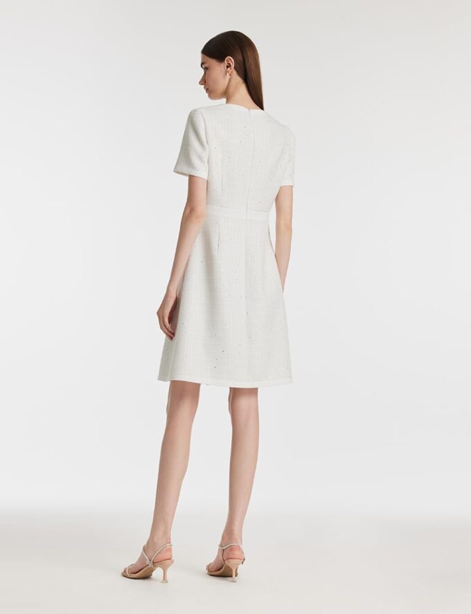 GOELIA Minikleid mit V-Ausschnitt, kurze Ärmel, schmale Passform, silberfarbene Pailletten, Tweed-Kleid, Arbeit, Abendessen, Business – Bild 4