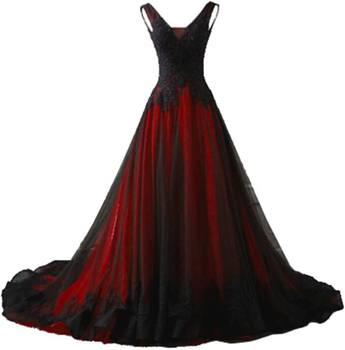 NaTengs Damen Applikation Gothic Brautkleid V-Ausschnitt A-Linie Brautkleid mit Schleppe