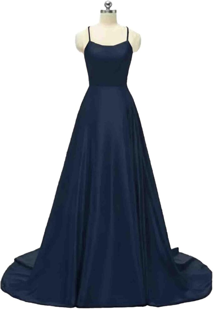HAHAEMMA Damen Elegant Lange Ballkleider mit Taschen Satin A-Linie Backless Hochzeitskleid Abendkleider Sexy Neckholder Spaghetti Brautkleid Kleider Lang Prinzessin Brautjungfer Kleid – Bild 3