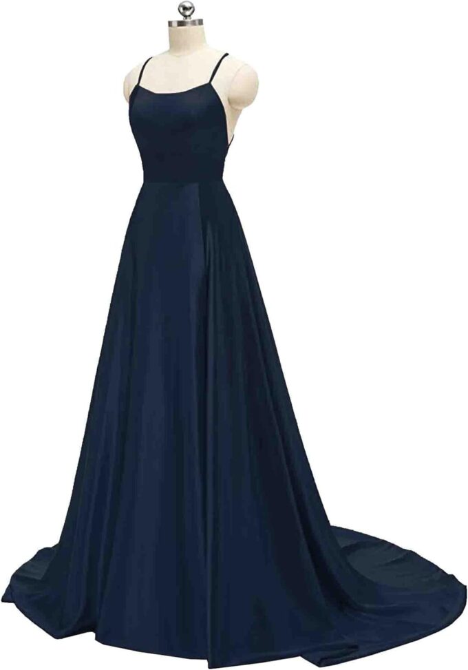 HAHAEMMA Damen Elegant Lange Ballkleider mit Taschen Satin A-Linie Backless Hochzeitskleid Abendkleider Sexy Neckholder Spaghetti Brautkleid Kleider Lang Prinzessin Brautjungfer Kleid – Bild 4