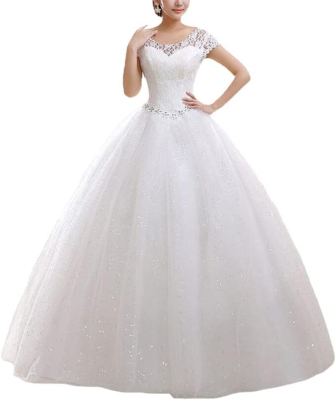 Brautkleid A-Linie Spitzen Hochzeitskleid Damen Maxi Kleider Lang Abendkleid Runde Ausschnitt Kurzarm Brautkleider
