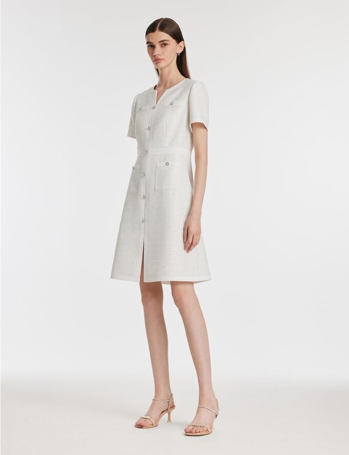 GOELIA Minikleid mit V-Ausschnitt, kurze Ärmel, schmale Passform, silberfarbene Pailletten, Tweed-Kleid, Arbeit, Abendessen, Business – Bild 8
