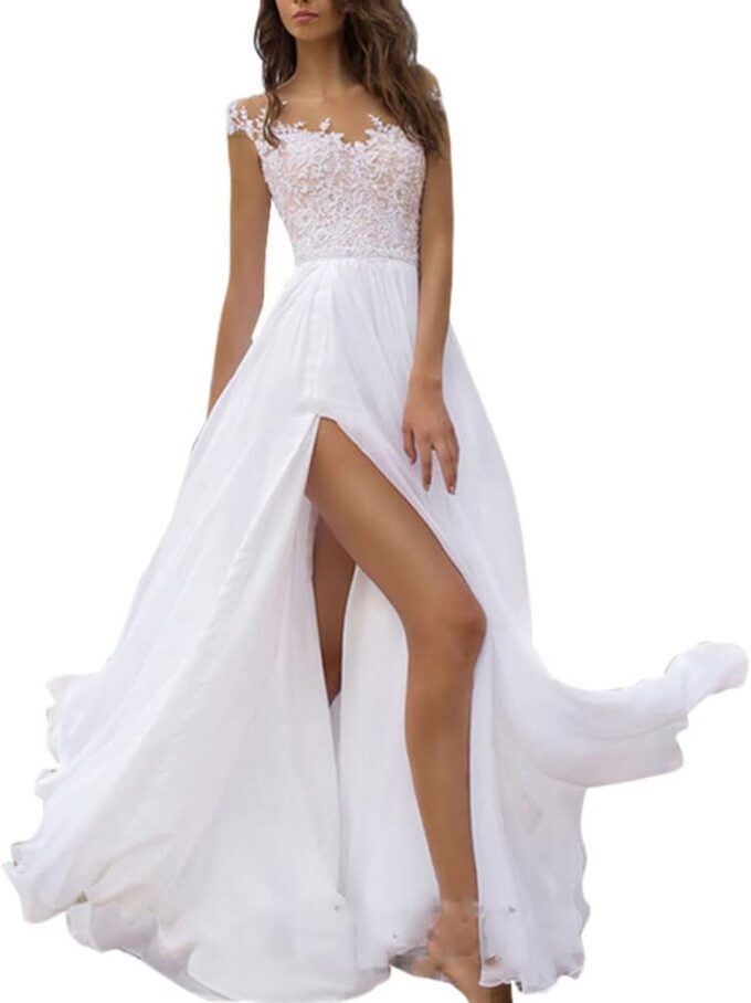 Brautkleid Hochzeitskleid A-Linie Stickerei Damen Lang Hochzeitskleider Spitze Brautmode Rückenfrei Vintage A Linie Brautkleid Abendkleider