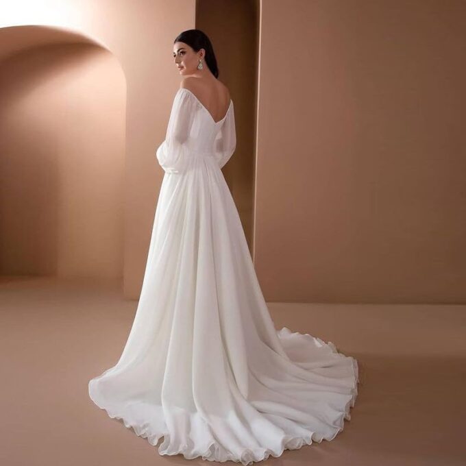 Brautkleid Lang Chiffon Abendkleider Elegant Für Hochzeit Hochzeitskleid Weiß Maxikleid Schulterfrei Brautjungfernkleider Festliches Cocktailkleid Rückenfrei Brautkleid Standesamt A Linie – Bild 5