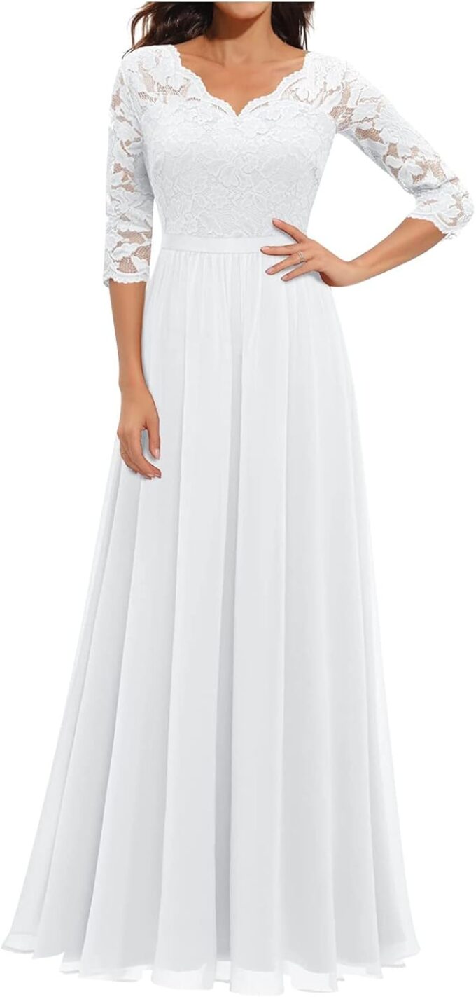 Abendkleid Damen Lang, Spitze V-Ausschnitt Brautjungfernkleider Ballkleid Bodenlang Langarm Cocktailkleid Für Damen