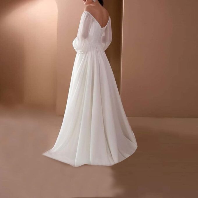 Hochzeitskleid Damen Elegant Langes WeißEs Brautkleider TräGerloses Sexy Puffy Langarm Mesh Floor Length Dress Brautjungfernkleider Off Shoulder Solide Slim Bodenlanges Kleid Dresses for Women – Bild 4