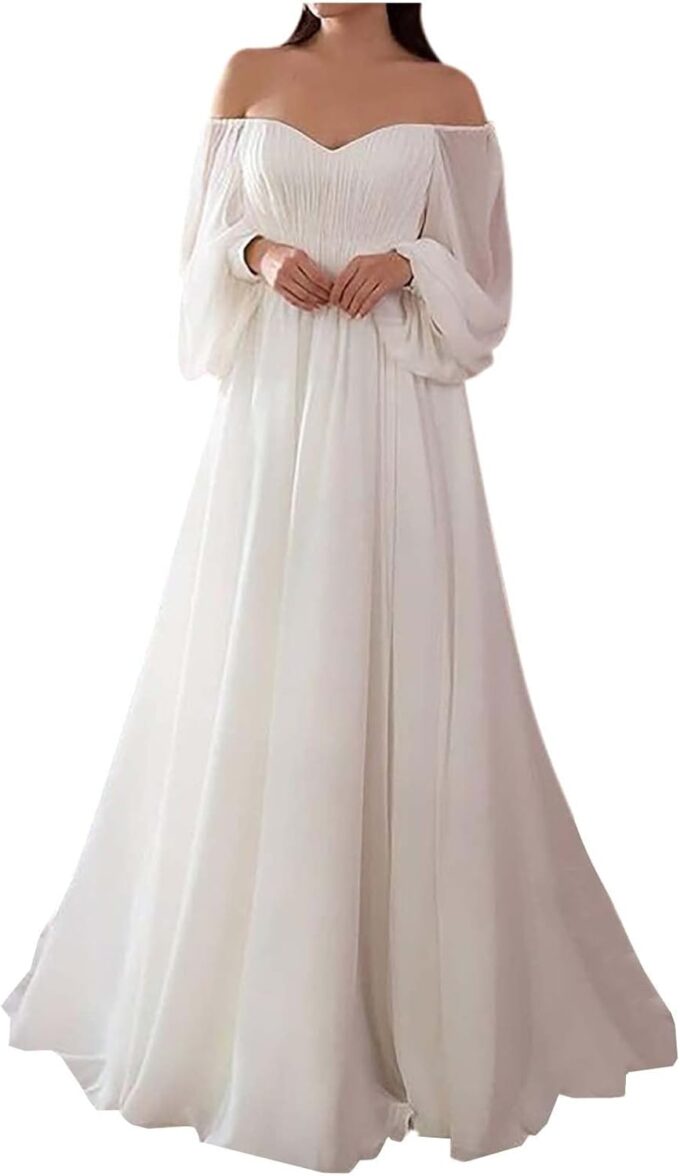 Hochzeitskleid Damen Elegant Langes WeißEs Brautkleider TräGerloses Sexy Puffy Langarm Mesh Floor Length Dress Brautjungfernkleider Off Shoulder Solide Slim Bodenlanges Kleid Dresses for Women
