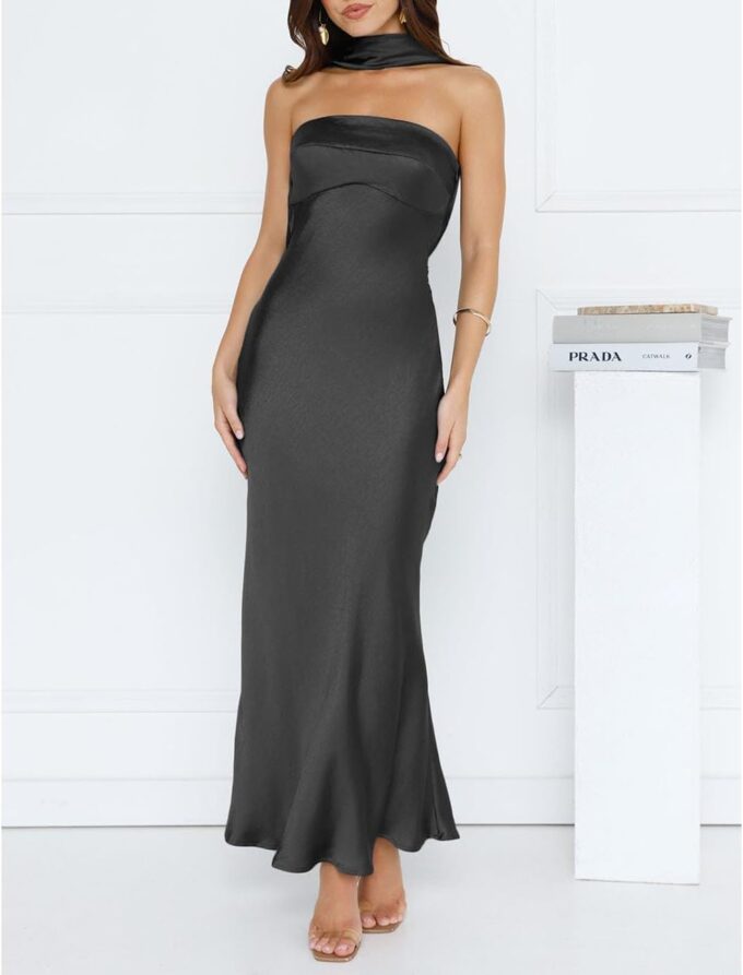 Women's Summer Satin Strapless Tube Top Maxi Dress Elegant Silk Backless Halter Neck Formal Party Dresses Wedding Guest – Bild 3
