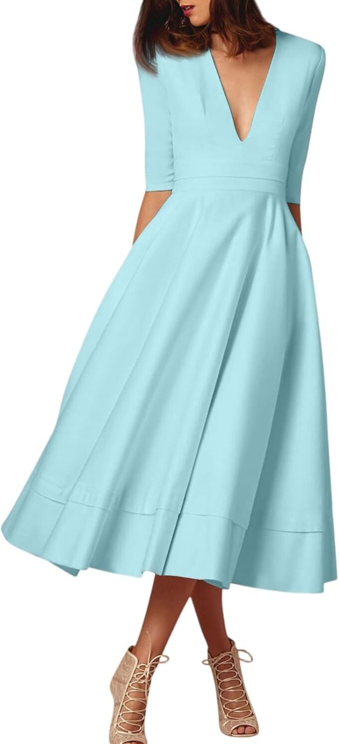 Sommerkleider Damen Mode Mid Sleeve Mid Länge Kleid Solid Color Sexy V Ausschnitt Kleid