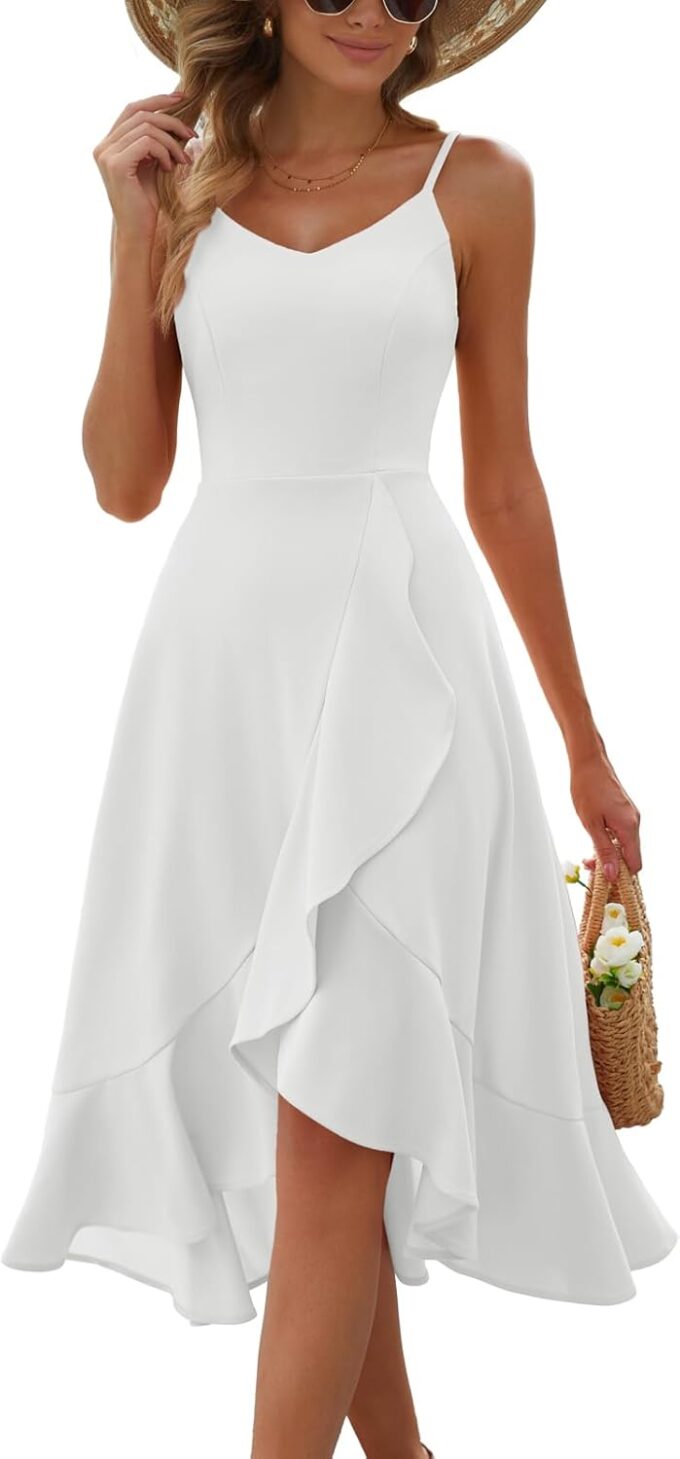 DRESSTELLS Cocktailkleid Damen Festlich Träger Hochtief Kleider für Hochzeit Knielang Rüschensaum Sommerkleid Elegantes Partykleid