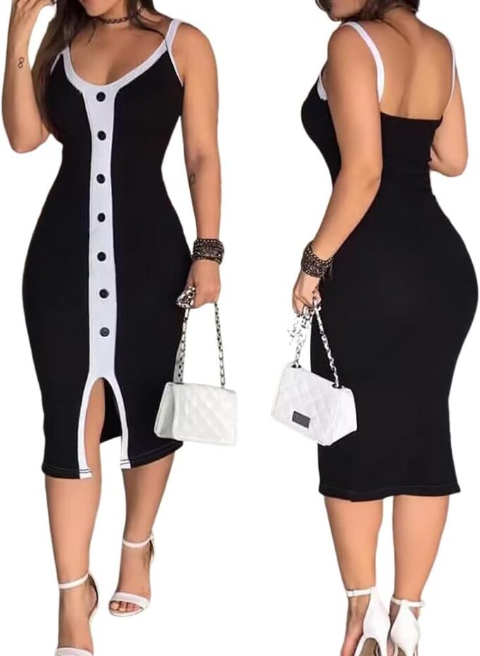Ninimour Figurbetontes Midi-Arbeitskleid für Damen, kontrastierende Paneele, Knopfdekoration, Business-Kleid, ärmellos, U-Ausschnitt, lässiges Kleid 2025