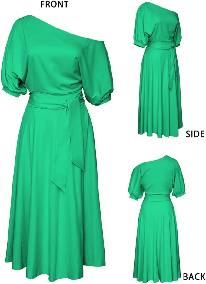 Women’s Elegant Off Shoulder Short Sleeve Belted Side Slit Cocktail Party Swing Dress with Pockets – Bild 4