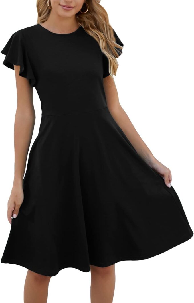 HELYO Women's Semi-Formal Ruffle Sleeves V-Back Work Fit and Flare Cocktail Knee Length Dress with Pockets 842 – Bild 3