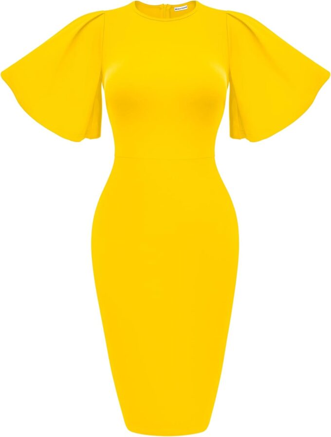Memoriesea Women's Basic Bodycon Ruffle Flared Short Sleeve Pencil Midi Dress