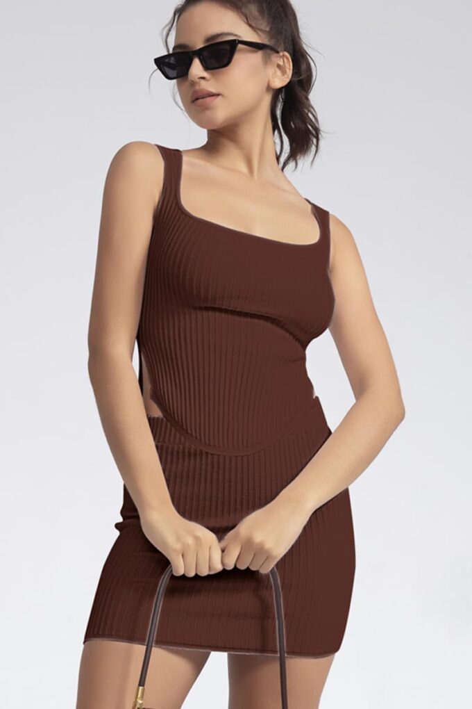 CHYRII Womens Sexy Summer Two Piece Outfits Square Neck Going Out Crop Top Bodycon Skirt Sets Mini Dress – Bild 7