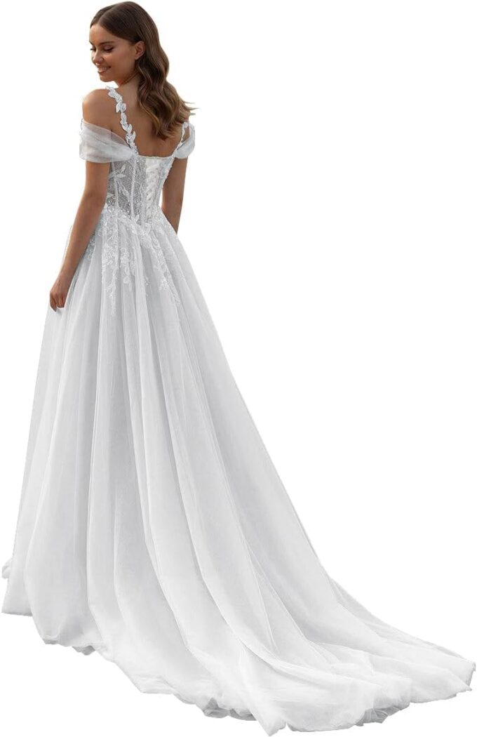 Beyonddress Damen Tüll Brautkleid Elegant Hochzeitskleider mit Spitze Lang Glitzer V-Ausschnitt Trauung Kleid Ärmellos