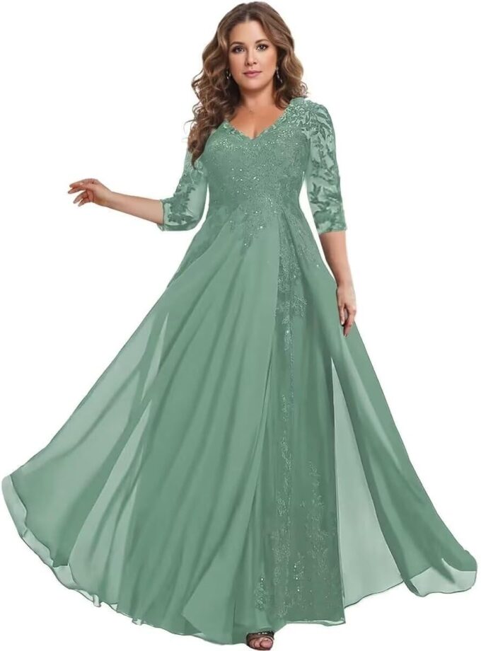 Sincemeet Kleider für die Mutter der Braut Chiffon-Ballkleider mit 3/4-Ärmeln Langes formelles Abendkleid
