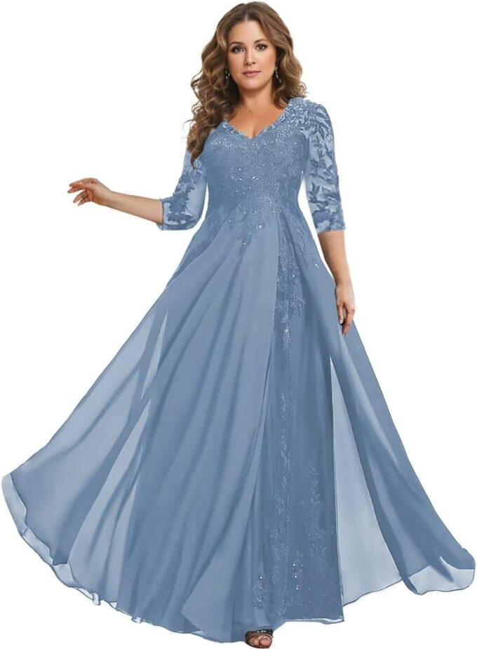 Sincemeet Kleider für die Mutter der Braut Chiffon-Ballkleider mit 3/4-Ärmeln Langes formelles Abendkleid – Bild 4