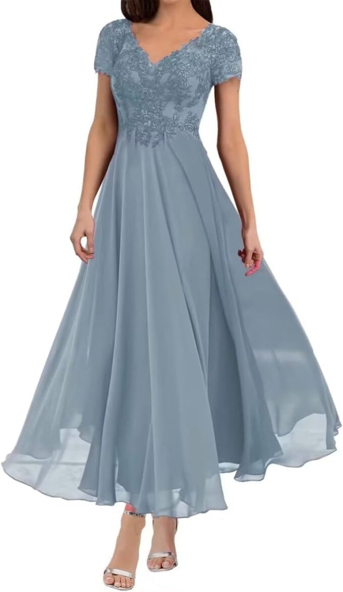 Generisch Teelänge Mutter der Braut Kleider V-Ausschnitt Spitze Applikationen Chiffon Kurzarm Formelle Abendkleider für Frauen