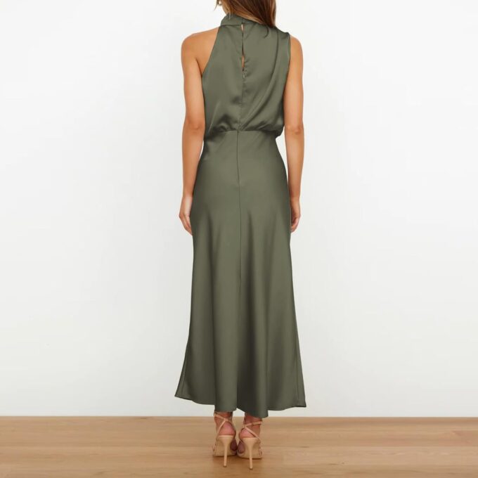 Damen Elegant Ärmellos Neckholder Satin Sommer Hochzeit Lang Abendkleider – Bild 5