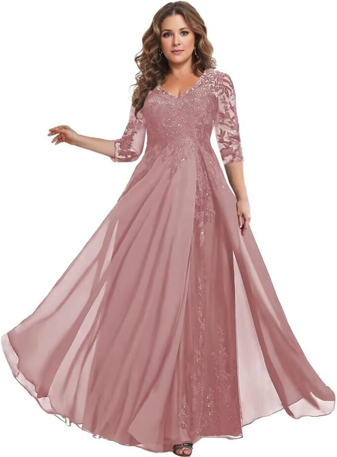 Sincemeet Kleider für die Mutter der Braut Chiffon-Ballkleider mit 3/4-Ärmeln Langes formelles Abendkleid – Bild 5