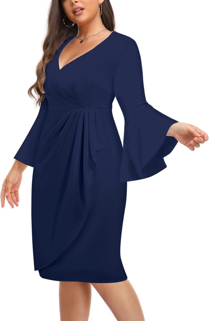 Talisea Damenkleid in Übergröße, halbformell, für Hochzeit, Gast, Kirche, Büro, Interview, V-Ausschnitt, Glockenärmel – Bild 3