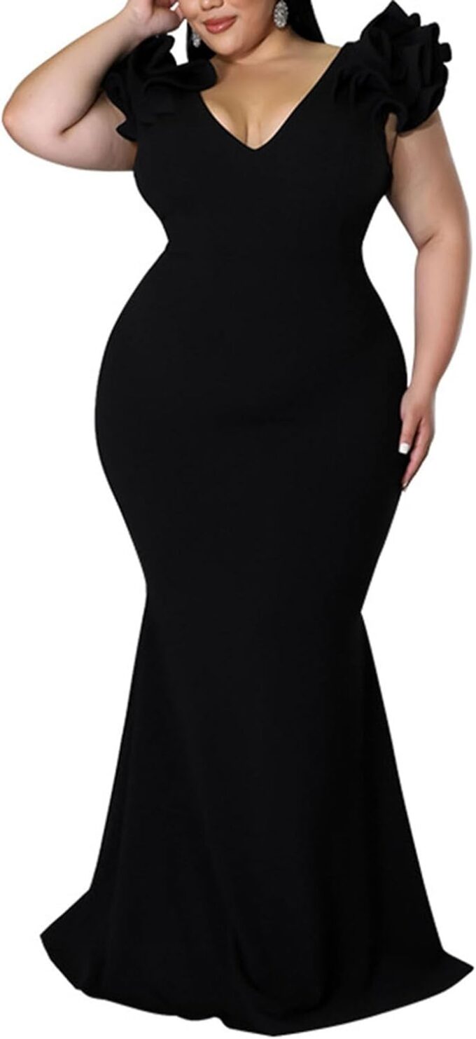 Women's Plus Size Maxi Dress Elegant V-Neck Ruffle Sleeves Bodycon Mermaid Dresses Evening Gown – Bild 2
