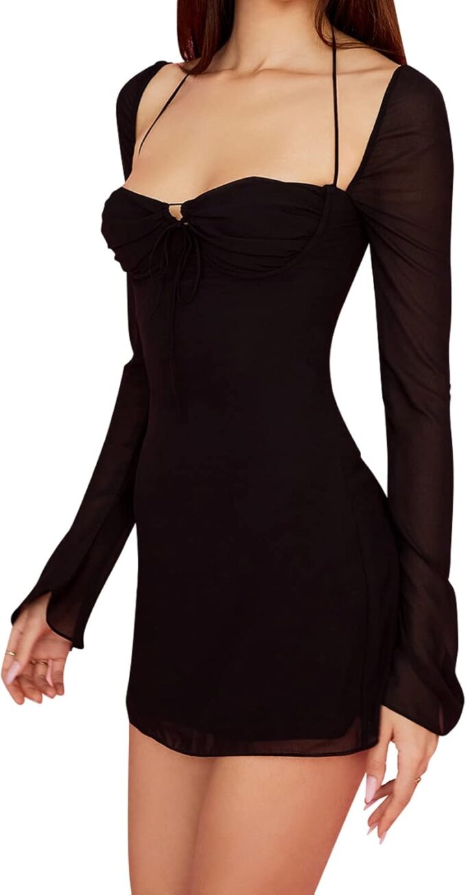 Zebaexf Women's Mesh Dress Long Puff Sleeve Mini Bodycon Sweet Neck Party Mini Dresses for Women – Bild 2