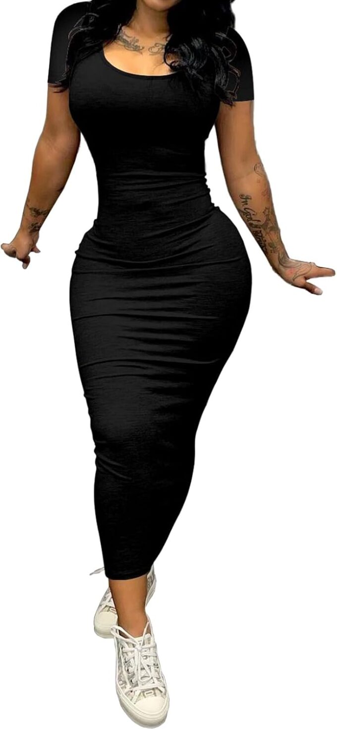 PINSV Women's Casual Bodycon Maxi Dress Summer Scoop Neck Short Sleeve Long Fitted Dresses Club Party – Bild 2
